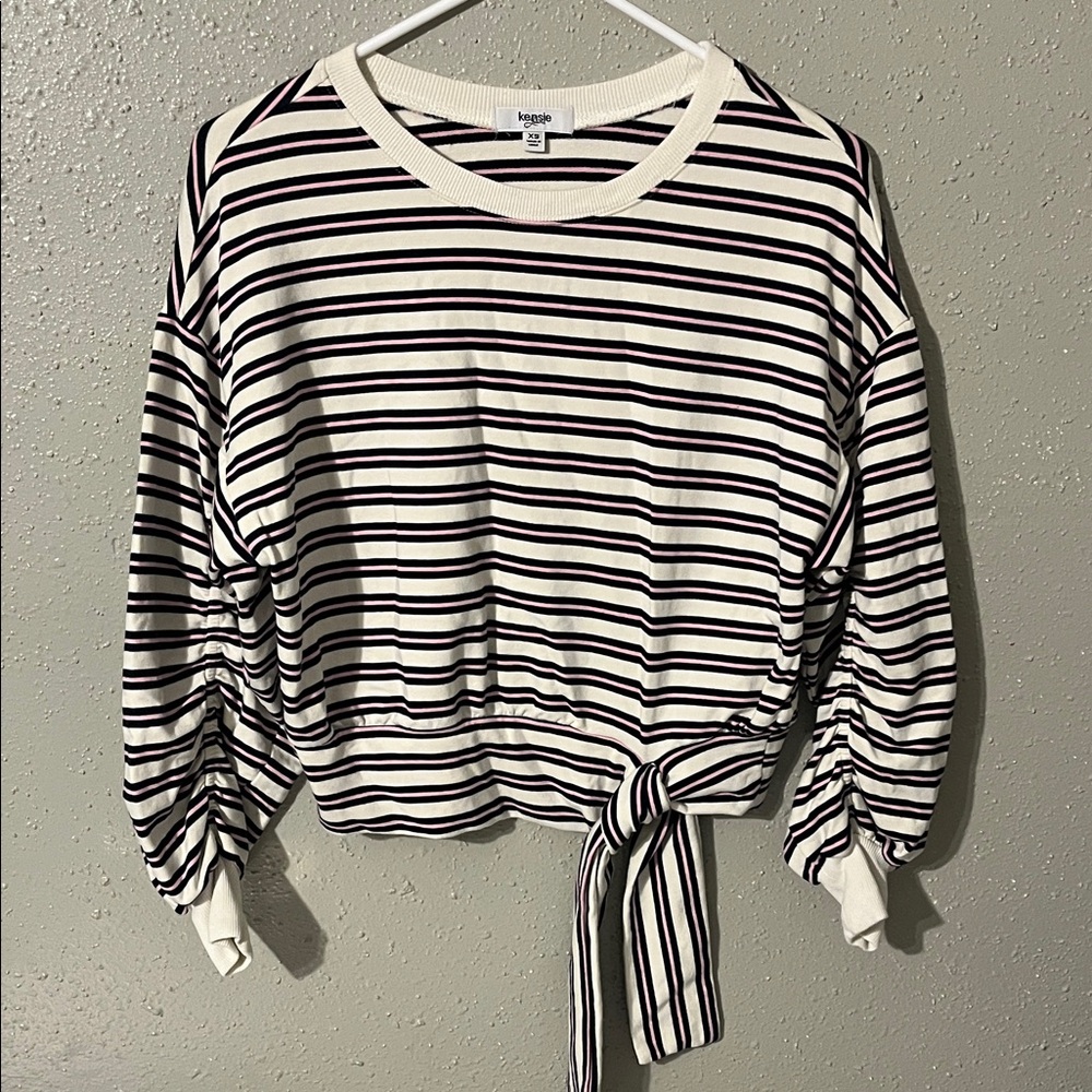 Kensie Black and White Striped Tie Sweatshirt